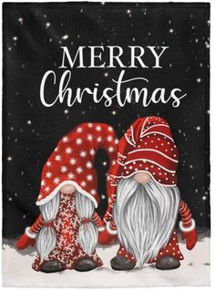 two gnomes are standing next to each other in front of a black background with the words merry christmas written on it