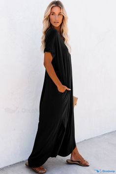 OrcaJump - Professional Black V-Neck Maxi Dress with Concealed Pockets and Side Splits Hidden Pocket, Green Material, Black Shirt Dress, Dress Romper, Vintage Stil, T Shirt Dress, Jumpsuit Romper, Evening Dresses, Lounge Wear