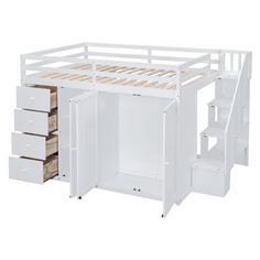 a white loft bed with stairs and drawers on the bottom level, in front of a white background