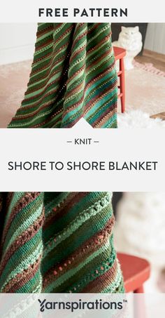 a knitted blanket with text overlay that reads, free pattern - shore to shore blanket