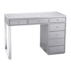 a white desk with drawers and chrome legs