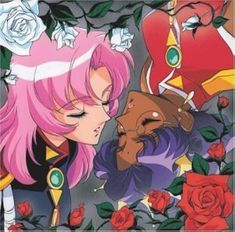 an anime character with pink hair and glasses kissing another character's face in front of roses