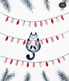 a watercolor painting of a cat sitting on a string with christmas lights hanging from it