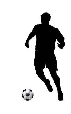 a man kicking a soccer ball in front of a white background with the silhouette of a person