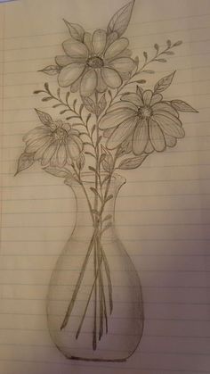 a pencil drawing of flowers in a vase on lined paper, with the image drawn by hand