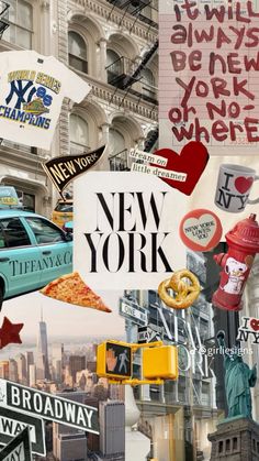 new york collage with street signs and buildings