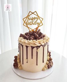 a birthday cake is decorated with chocolate and icing