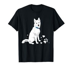 a white german shepherd dog with paw prints on it's chest and collar shirt