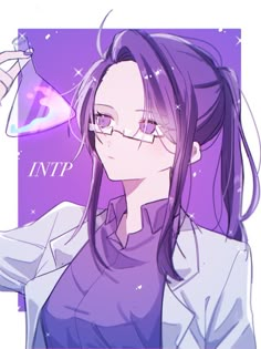 an anime character with purple hair and glasses holding a flask in front of her face