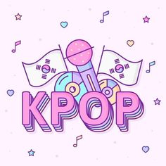 the kpop logo with music notes and flags in the background on a pink background