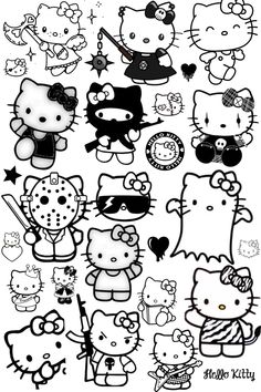 a bunch of hello kitty stickers that are on a white background with black and white lettering