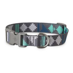 a blue and green dog collar with an open metal buckle on the front of it