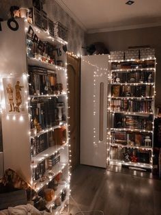 a living room filled with lots of books and furniture covered in lights on the walls