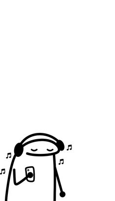 a black and white drawing of a cartoon character with music notes coming out of his ears