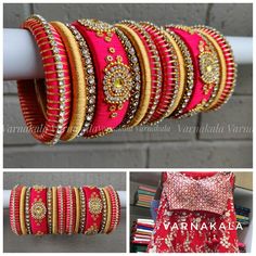 Red and Gold Handmade Silk Thread Bangles - Made to Match outfit - Bridal, Baby Shower Gifts QUANTITY: 1 full set of 14 bangles for both hands. HOW TO CUSTOMIZE YOUR BANGLE? Bangle color can be customized to any color of your choice. * You can choose your color from the drop-down menu or * Leave a NOTE TO SELLER on the color while purchasing or * Drop a message in ETSY CONVERSATION and leave your outfit picture with color preferences if any. DO YOU NEED THIS SET TO BE DELIVERED BY ANY PREFERRED DATE? * Please leave Note on your preferred date of delivery when ordering or contact me in Etsy Convo prior ordering if you need it in less than 5 days from the day of order. BANGLE SIZE: * SIZE 2.4 - The inner diameter of bangle is 57.5mm. * SIZE 2.6 - The inner diameter of bangle is 60mm. * SIZE Handmade Pink Bangle For Festive Occasions, Festive Handmade Pink Bangle, Traditional Handmade Red Bangle, Traditional Red Handmade Bangle, Red Bracelets For Ceremonial Festivals, Red Ceremonial Bracelets For Festivals, Festive Red Bangle For Festivals, Red Ceremonial Bracelet For Festivals, Handmade Sets For Wedding And Festivals