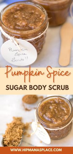 pumpkin spice sugar body scrub in jars with spoons on the side and labels above