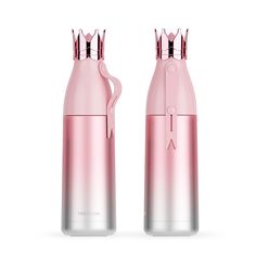 two pink water bottles sitting next to each other