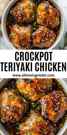 crockpot teriyaki chicken in a white bowl on a marble counter top