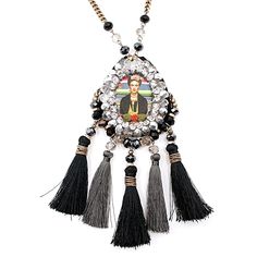 Frida Kahlo Crystal Encrusted Statement Necklace - Long – JJ Caprices Oaxaca City Mexico, Frida Kahlo Earrings, Inspiring Gifts, Silk Tassel Necklace, Oaxaca City, Jewelry Gift Guide, Classic Bracelets, Unique Holiday Gifts, Spare Bedroom