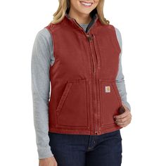 12-ounce 100% cotton washed duck - Sherpa lining - Zipper-secured chest map pocket - Two lower-front pockets - Two interior pockets - Droptail adds coverage - Triple-stitched main seams - Back length: 25 inches - Replaces WV001 Carhartt Vest, Womens Sherpa, Vest Womens, Carhartt Womens, Taupe Grey, Carhartt Women, Plus Size Outerwear, Womens Fleece, Carhartt Mens