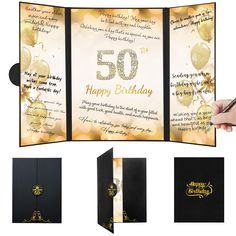 an open 50th birthday card with balloons and confetti on the front, in gold foil