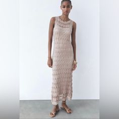 Zara Metallic Knitted Crochet Maxi Dress. Brand New With Tags. Has Inside Lining That Can Be Removed If Desired. Size Small Stretchy Material. Zara Knit Crochet Dress For Vacation, Zara Crochet Knit Dress For Vacation, Elegant Pointelle Knit Crochet Dress For Vacation, Chic Zara Sweater Dress For Summer, Chic Stretch Crochet Dress With Open Knit, Chic Crochet Dress For Spring, Elegant Crochet Dress For Party, Elegant Crochet Party Dress, Elegant Beige Crochet Dress With Open Knit