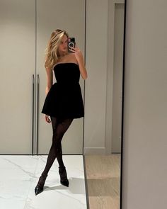 Formal Dress Aesthetic Short, Little Black Dress And Tights, Black Short Dress With Tights, Elegant Birthday Party Outfit, Dresses With Tights And Heels, Black Dresses Classy Short, Black Mini Dress And Tights, Black Mini Dress With Stockings Outfit, Classy Black Dress Short