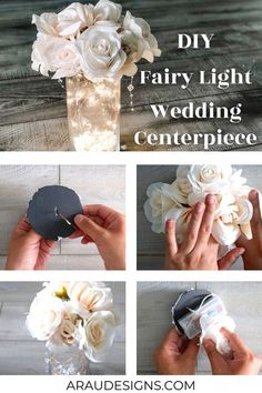 how to make paper flowers in a vase with text overlay that says diy fairy light wedding centerpiece