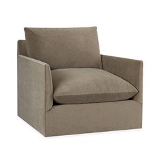 a brown chair with a pillow on it's back and seat cushion upholstered