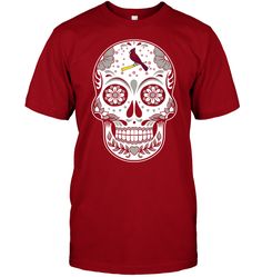 a red t - shirt with a white sugar skull and a bird on it's head