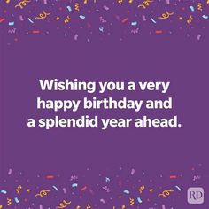 a purple birthday card with confetti and streamers in the background that says wishing you a very happy birthday and a splendid year ahead