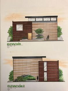 two drawings of the elevation and elevation views of a house