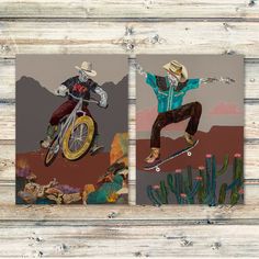 two pictures of a man on a motorcycle and a cowboy riding a motorbike