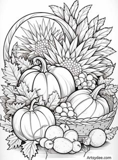 a black and white drawing of a basket full of autumn fruits and vegetables with leaves