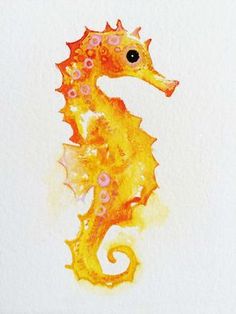 a watercolor painting of a yellow seahorse with pink flowers on it's tail