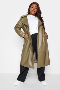 Shop YOURS Curve Olive Green Faux Leather Trench Coat at Yours Clothing. Discover women’s plus size clothing in sizes 10-36 with fast delivery. Trenchcoat Style, Leather Plus Size, Plus Size Trench Coat, Faux Leather Trench Coat, Elegant Wedding Guest Dress, Trench Coat Style, Classic Trench Coat, Leather Trench, Plus Swimwear