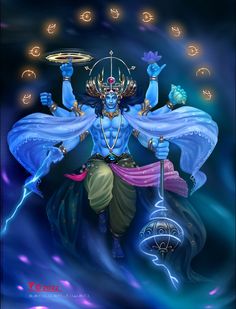 the hindu god sitting on top of a blue boat with his hands in the air