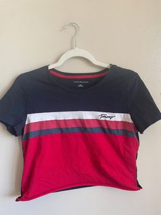 Cropped Tommy Hilfiger Striped Tee SIZE M Striped Tee, Fancy Dresses, Flannel Shirt, Tommy Hilfiger, Gender Neutral, Graphic Tees, Adult Outfits, Tops & Tees, Top Outfits