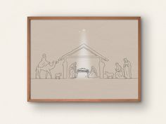 a nativity scene with the birth of jesus and three wise men, framed on a wall