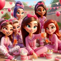 the girls are dressed in pink pajamas and holding drinks