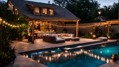 an outdoor living area with pool, patio and seating areas at night in the evening