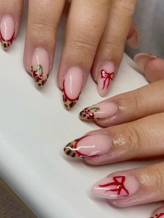 Summer nails • cheetah nails • red • acrylics • gel nails • nail inspo • almond nails • french mani • cute nails Red Nails And Cheetah Print, Red 2000s Nails, Leopard Print Christmas Nails, Cheetah Print Christmas Nails, Burgundy And Leopard Nails, Cheetah Print Red Nails, Burgundy Leopard Nails, Fall Nails Cheetah Print, Red Nails With Leopard