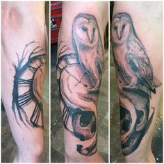 three different views of an owl tattoo on the arm