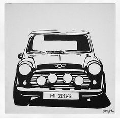 a black and white drawing of a car with the license plate on it's hood