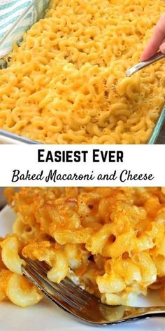 baked macaroni and cheese in a casserole dish with a serving fork