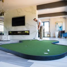 Garage Gym And Golf Simulator, Indoor Golf Simulator Garage, Golf Simulator And Media Room, Husbands Office, Golf Simulator Movie Room, Garage Hangout Ideas, Golf Simulator With Bar, Backyard Golf, Husband Office