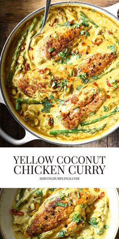 yellow coconut chicken curry in a skillet on a wooden table with text overlay