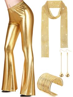 a woman in gold pants and necklaces next to a pair of earrings, bracelets and