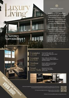 a brochure for luxury living magazine with an image of a house in the background