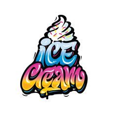 an ice cream logo with the word ice cream written in colorful graffiti style on white background